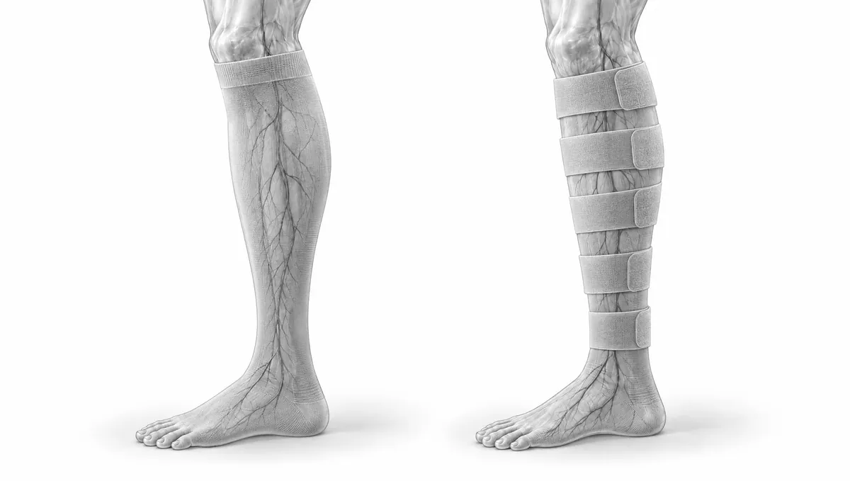 Illustration: a leg in a compression stocking next to a leg in an adjustable compression wrap