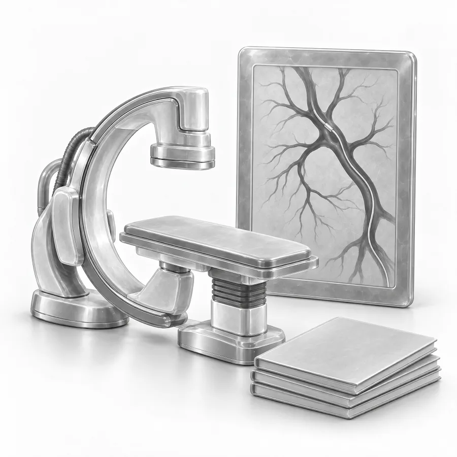 Illustration: a tablet showing an angiogram of blood vessels, a small model of an X-ray C-arm and patient booklets